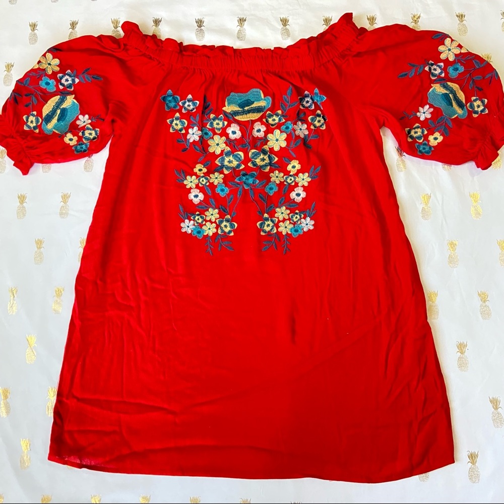 NWT Staccato Red Off Shoulder Floral Embroidery Mini Dress